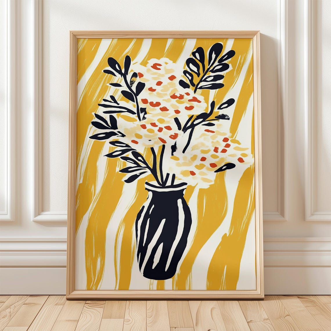 White Flowers Black Leaves Floral Vase Yellow Abstract Art Print