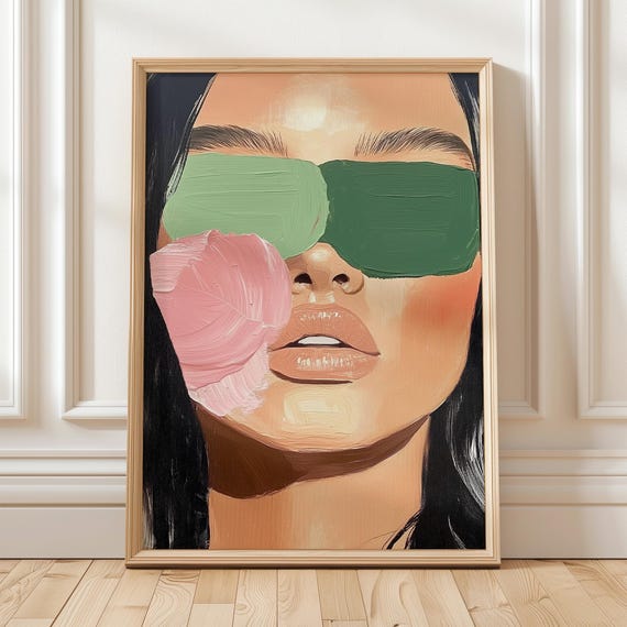 Modern Abstract Woman Face Wall Art Green And Pink Contemporary Female Portrait Print Bold Makeup Poster Etsy Decor