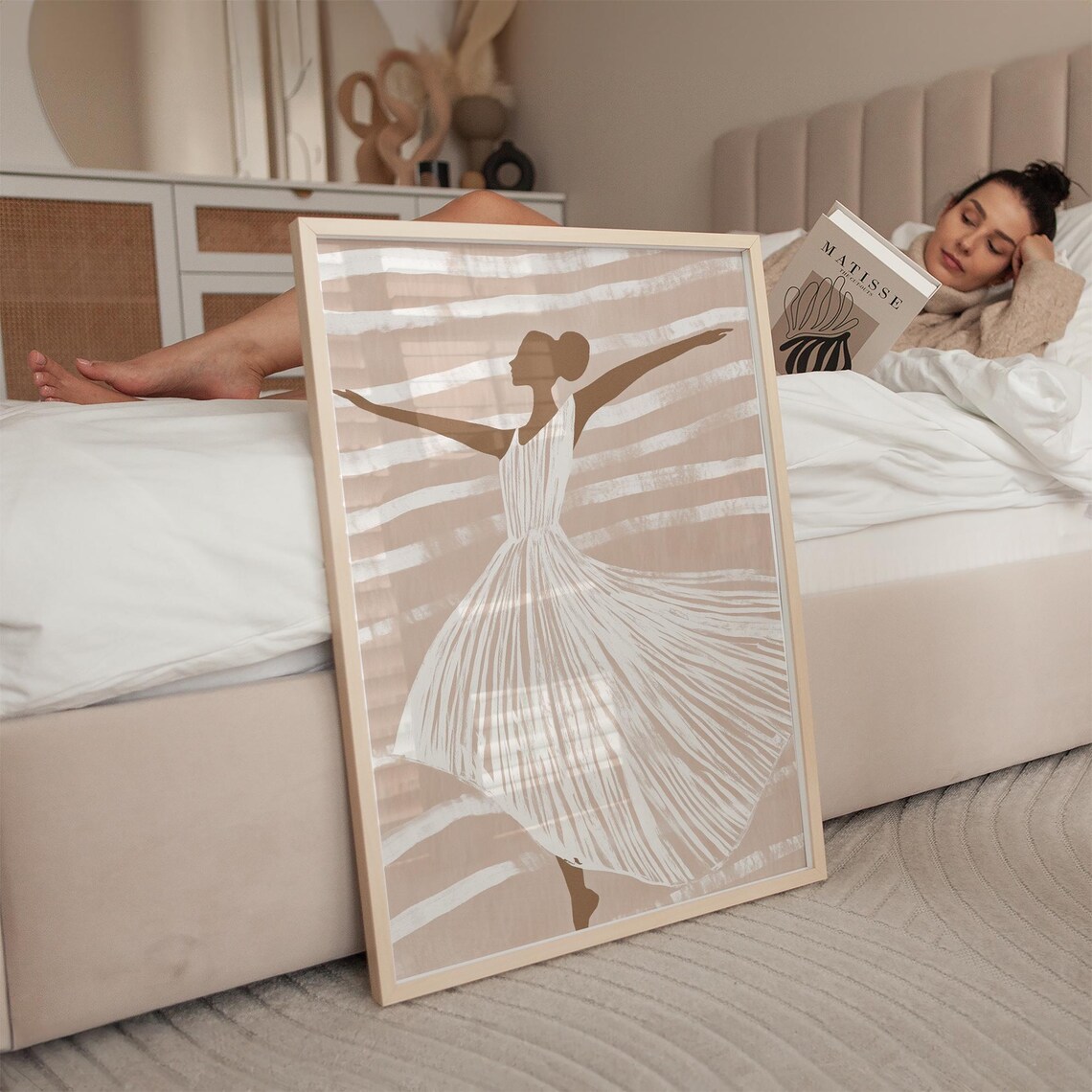 Graceful Beige Ballet Dancer Silhouette Twirling Dress Poster - Image 3
