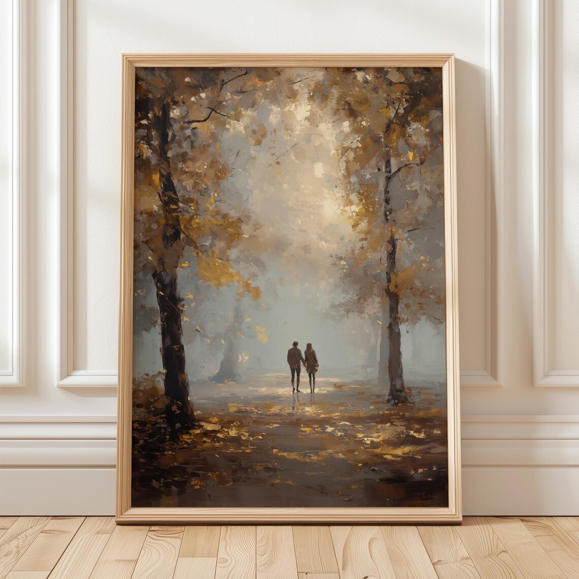 Romantic Autumn Couple Walking Art Print, Fall Forest