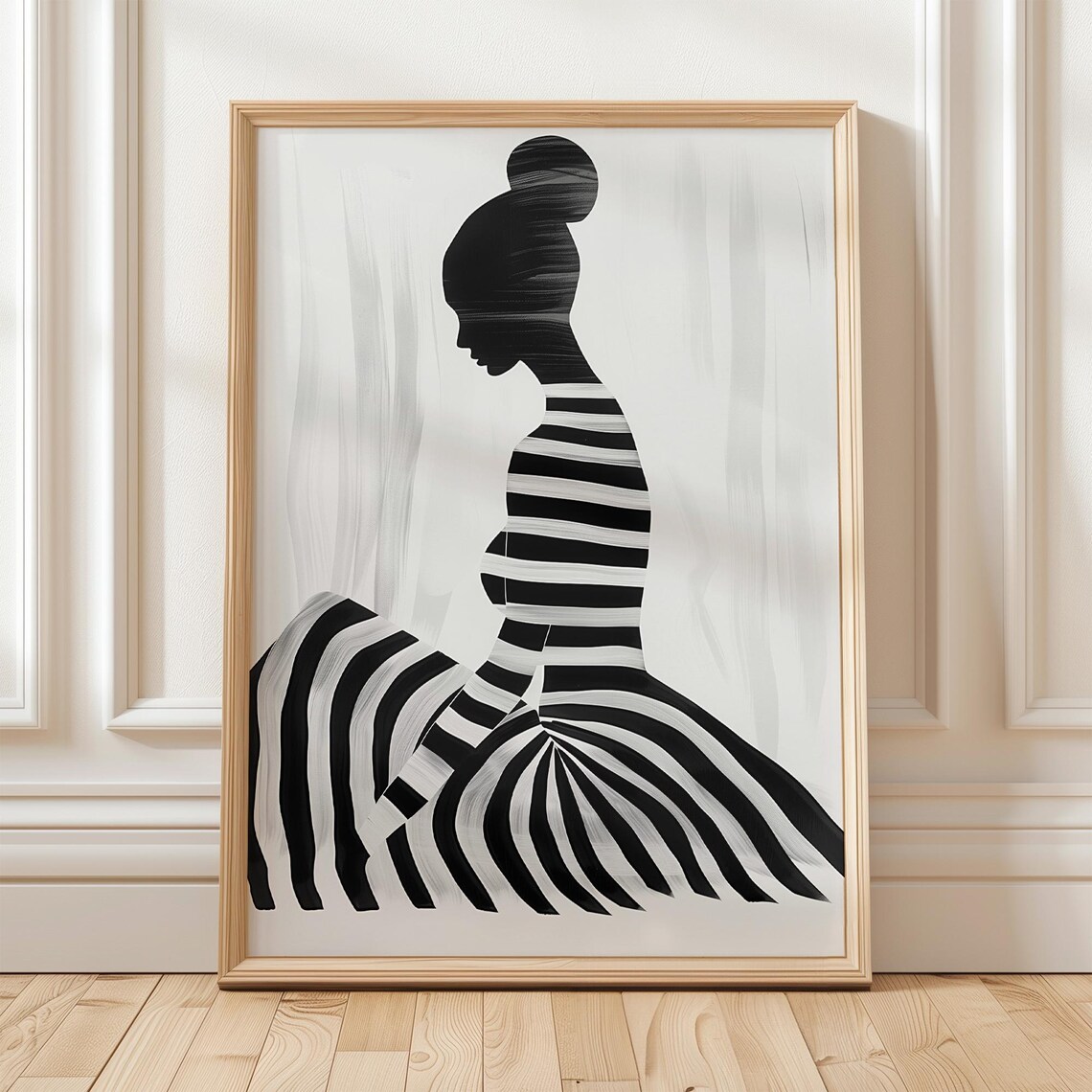Seated Woman Profile with Topknot Radiating Striped Skirt Poster