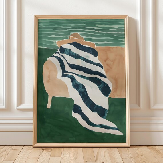 Relaxing Figure Draped in Striped Blanket Seaside Green Watercolor Poster