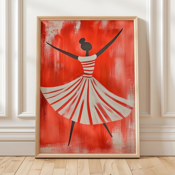 Dancing Woman In Striped Dress, Minimalist Modern Art Print