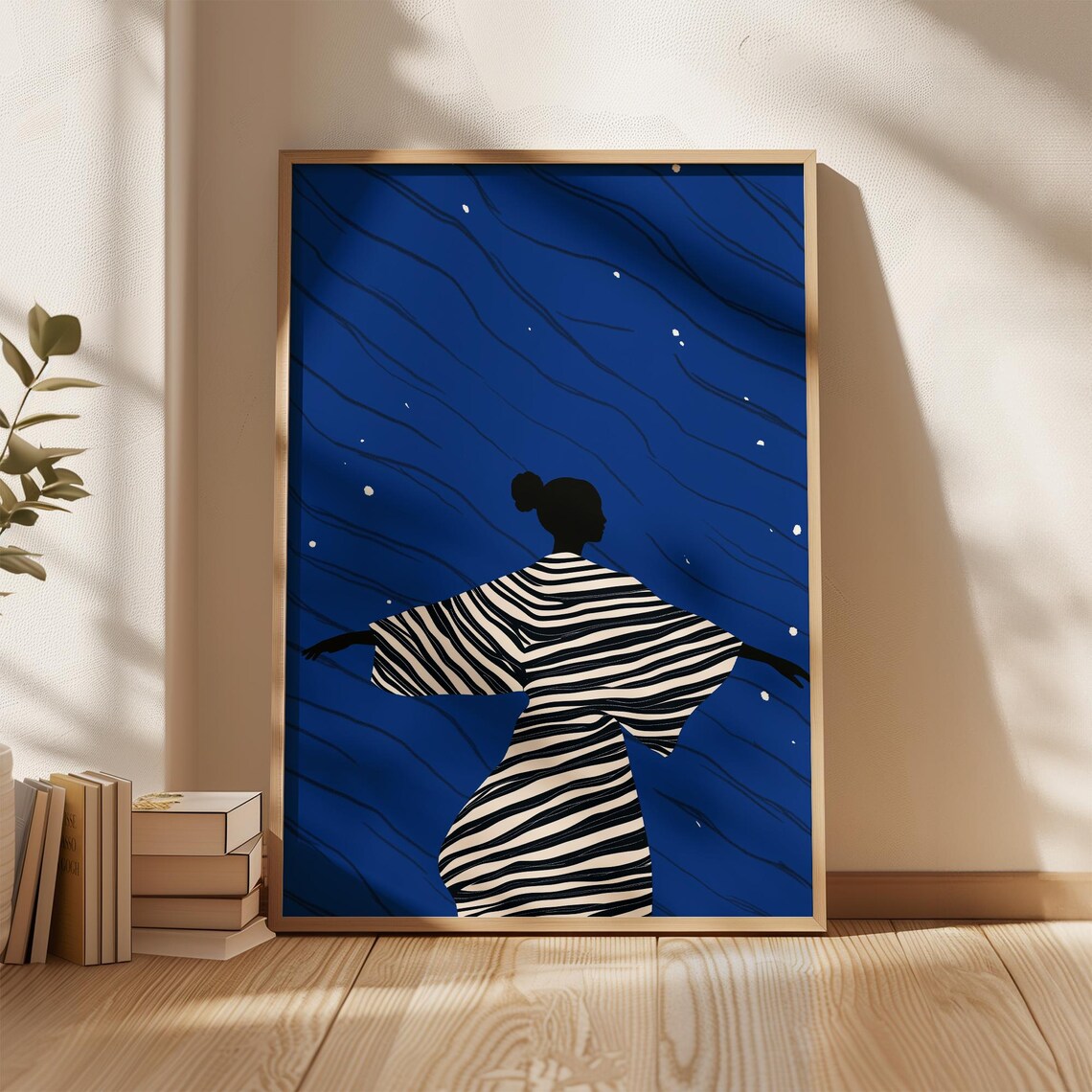 Abstract Female Art Blue Night Sky Black And White Striped Dress Modern Wall Art Print Contemporary Home Decor - Image 2