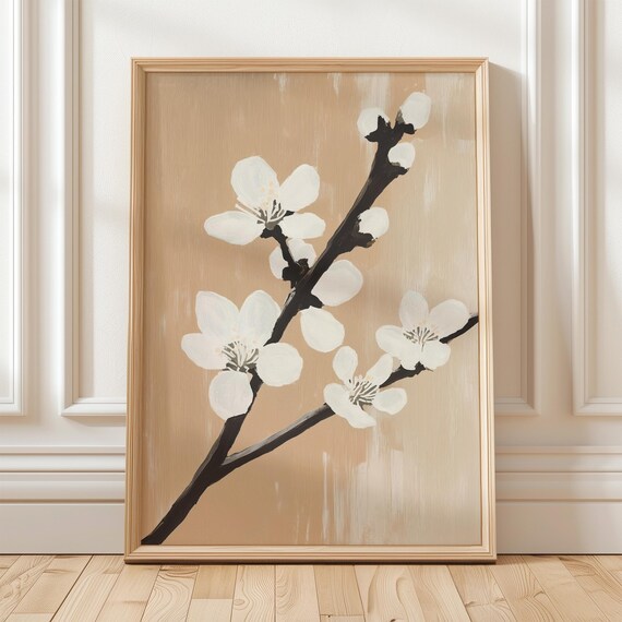 White Blossom Branch Black Stem Beige Botanical Minimalist Poster