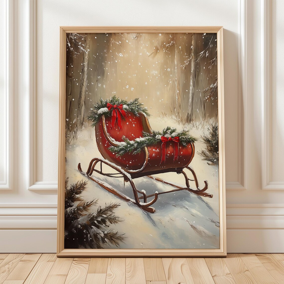 Vintage Red Sleigh, Rustic Christmas Winter Decor