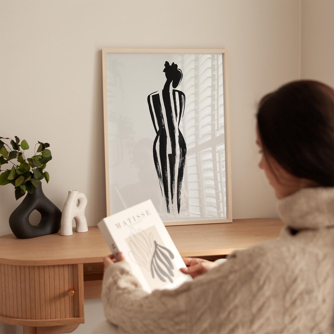 Elegant Standing Female Silhouette Black Brushstroke Art Poster - Image 3
