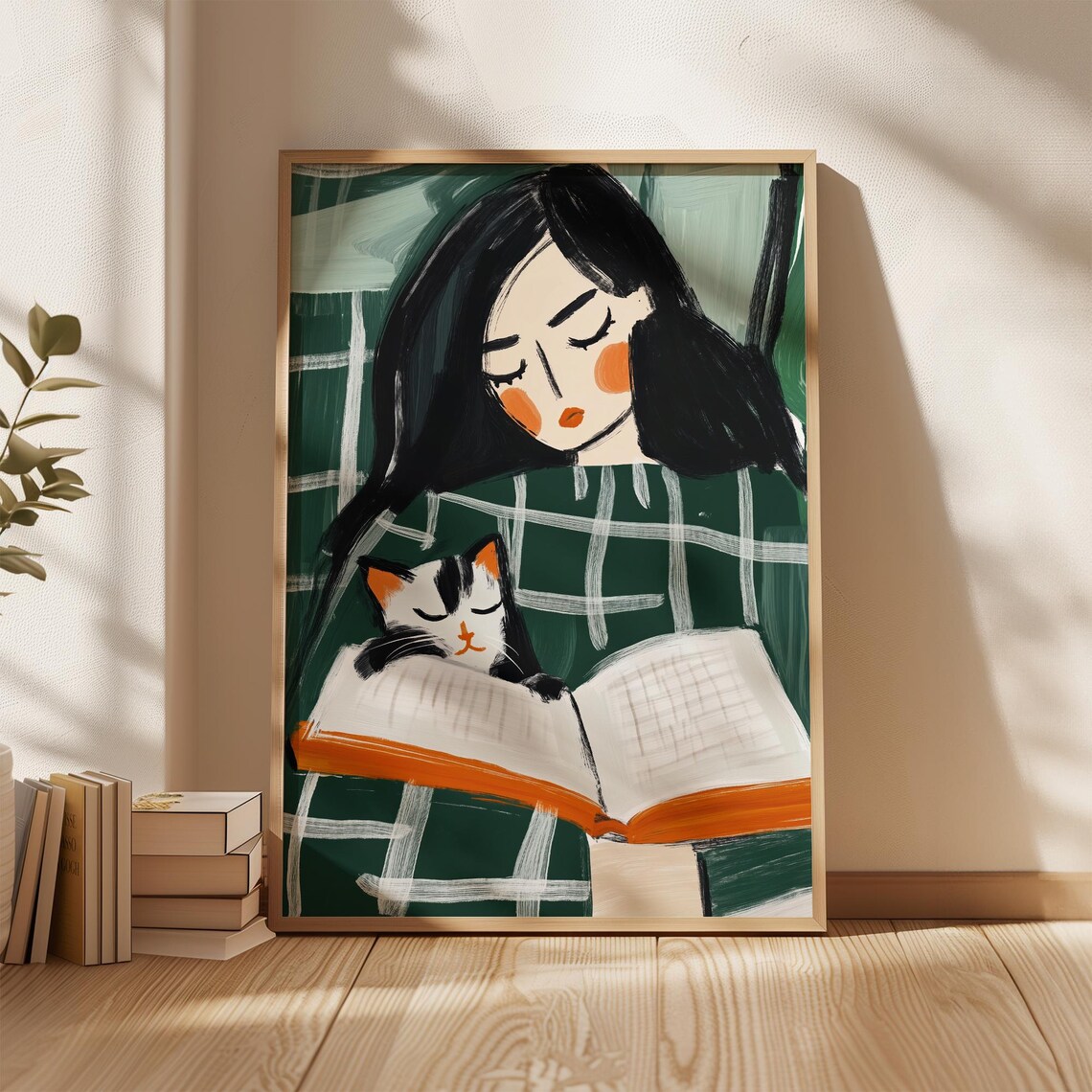 Woman Reading with Calico Cat Cozy Book Lover Illustration Poster