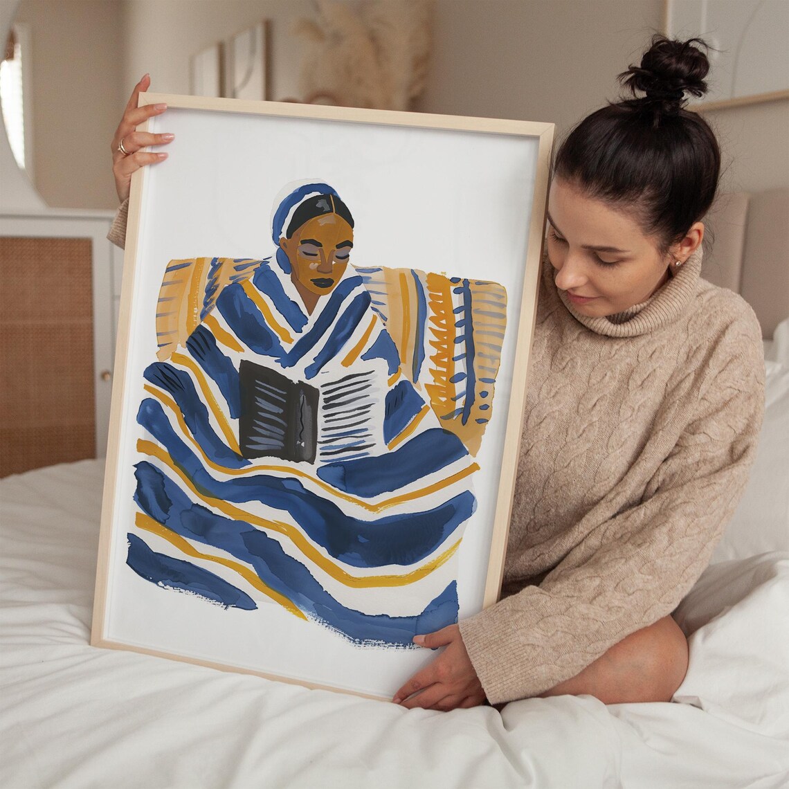 Woman Reading Under Blue and Gold Striped Blanket Watercolor Poster - Image 3