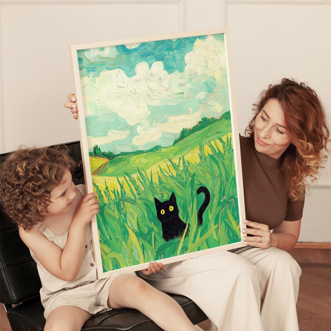 Black Cat in Green Field, Whimsical Landscape Art Print - Image 5