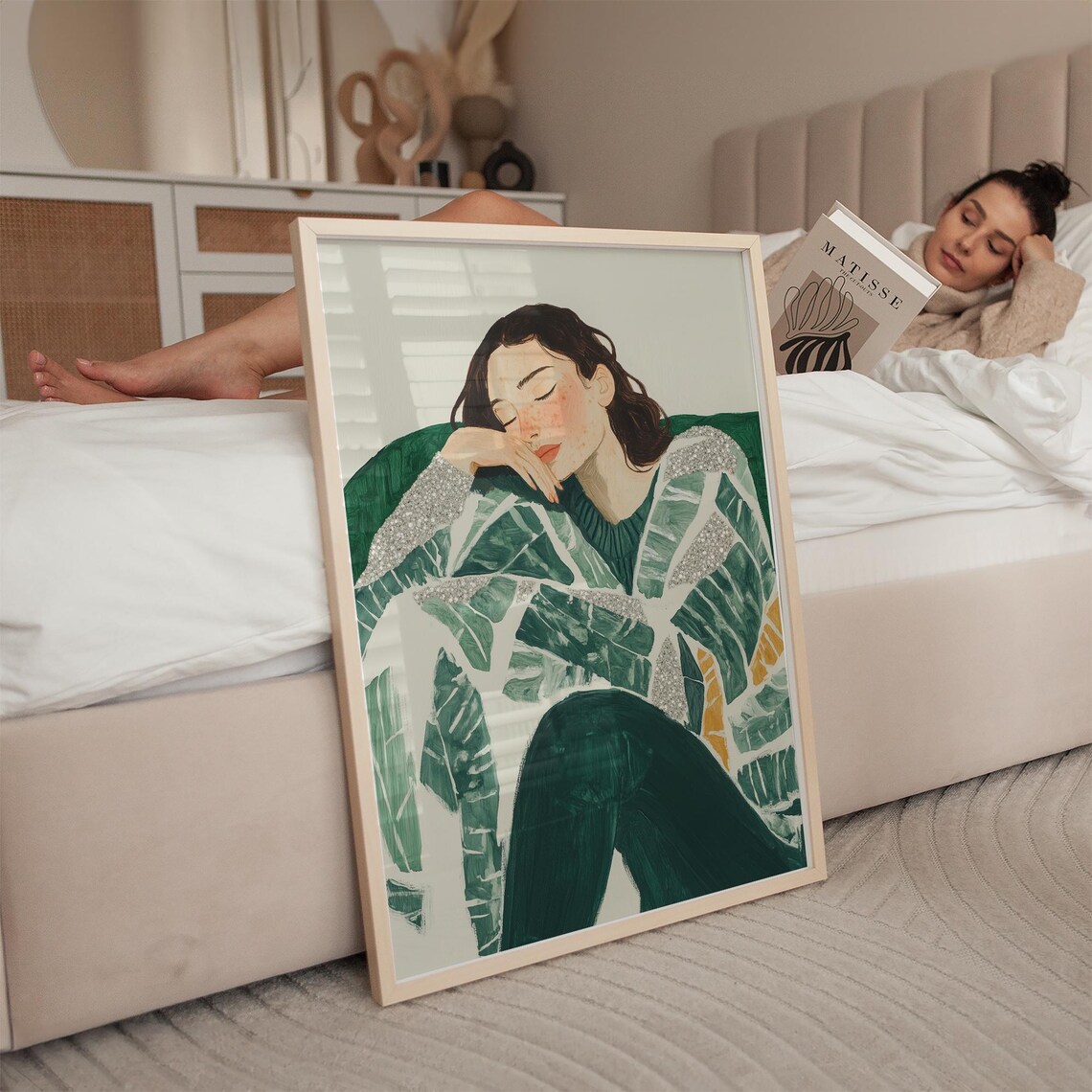 Woman In Leaf Pattern Coat Resting Modern Glitter Art Poster - Image 2