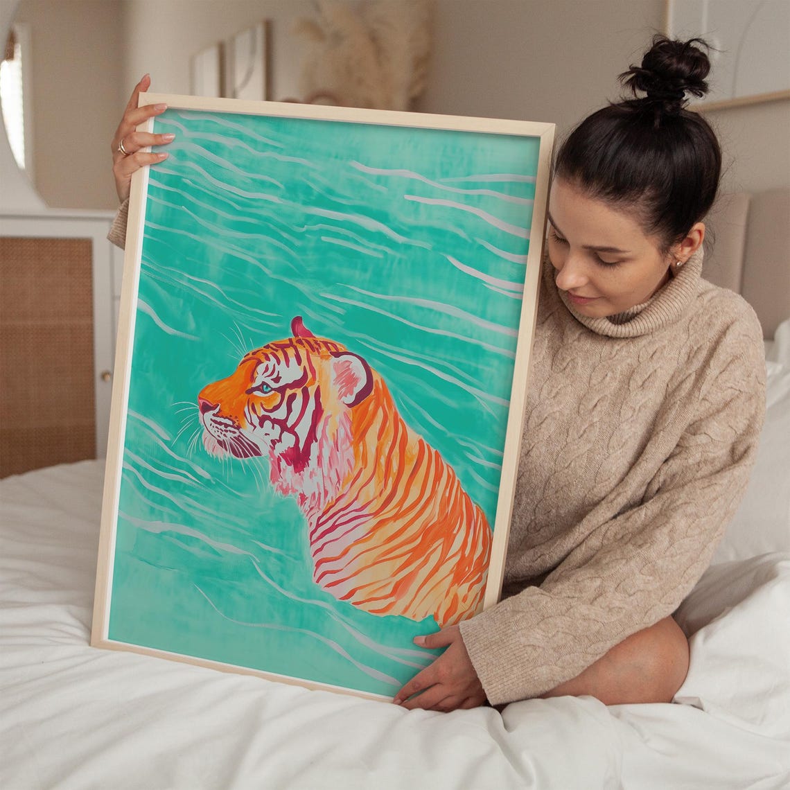 Swimming Tiger Art Print Tropical Big Cat Wall Decor Modern Jungle Animal Painting Contemporary Home Decor Bold Statement Piece - Image 2