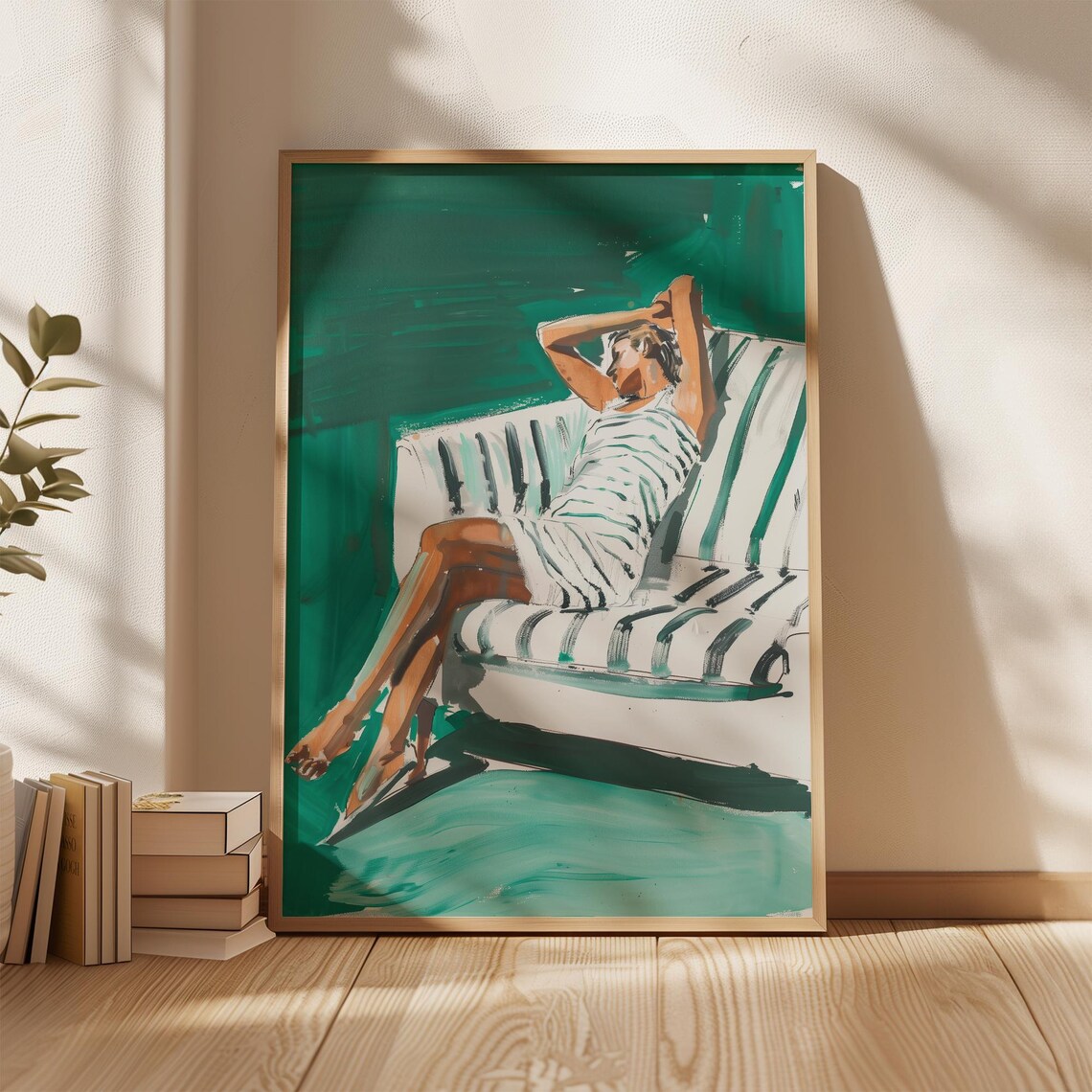 Relaxing Woman in Stripes on Emerald Green Sofa Modern Art Poster - Image 3