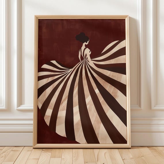 Elegant Striped Dress Artwork Brown And Beige Abstract Print Modern Minimalist Wall Art For Home Decor
