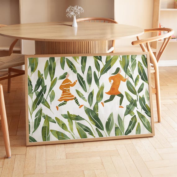 Tropical Girls Art Print Jungle Running Illustration Green Leaves Wall Art Playful Nature Poster Botanical Whimsical Decor