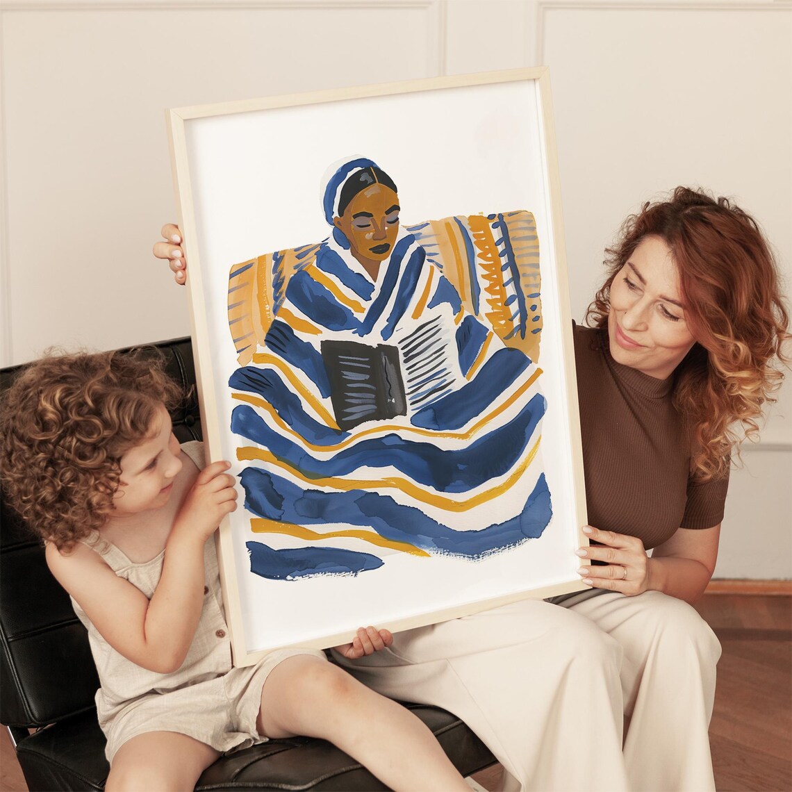 Woman Reading Under Blue and Gold Striped Blanket Watercolor Poster - Image 4