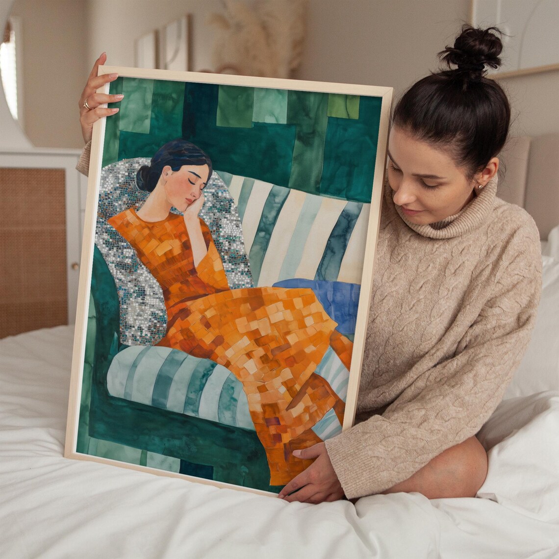 Sleeping Woman Orange Mosaic Blanket Peaceful Green Art Poster - Image 3