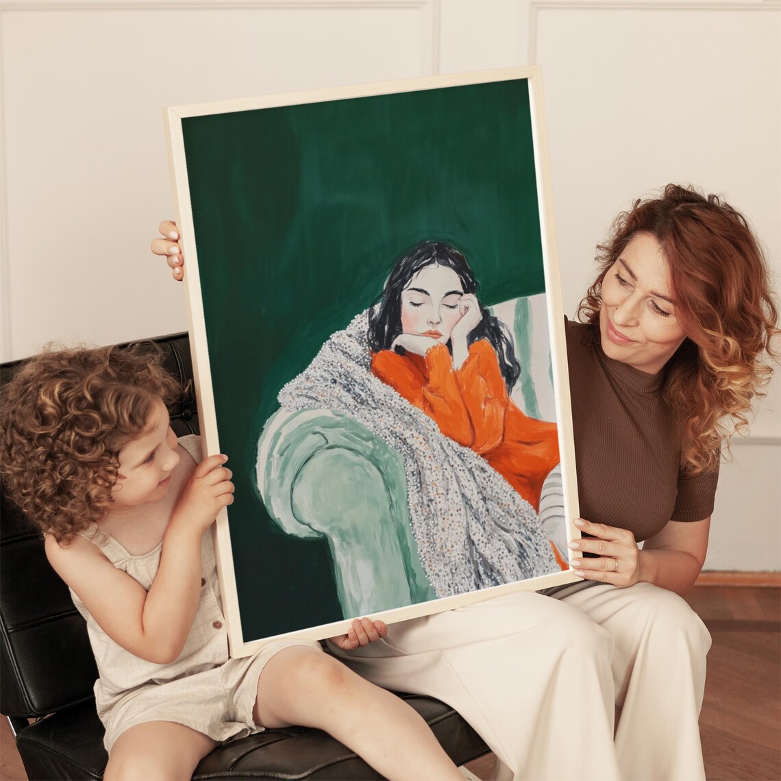 Sleeping Woman In Orange Dress Green Background Glitter Art Poster - Image 4