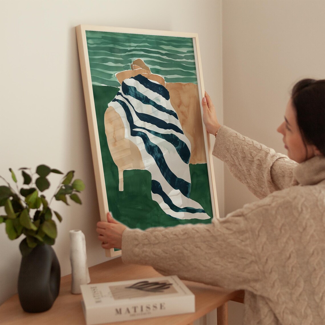 Relaxing Figure Draped in Striped Blanket Seaside Green Watercolor Poster - Image 5