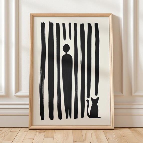 Tall Striped Figure Standing With Small Black Cat Art Poster