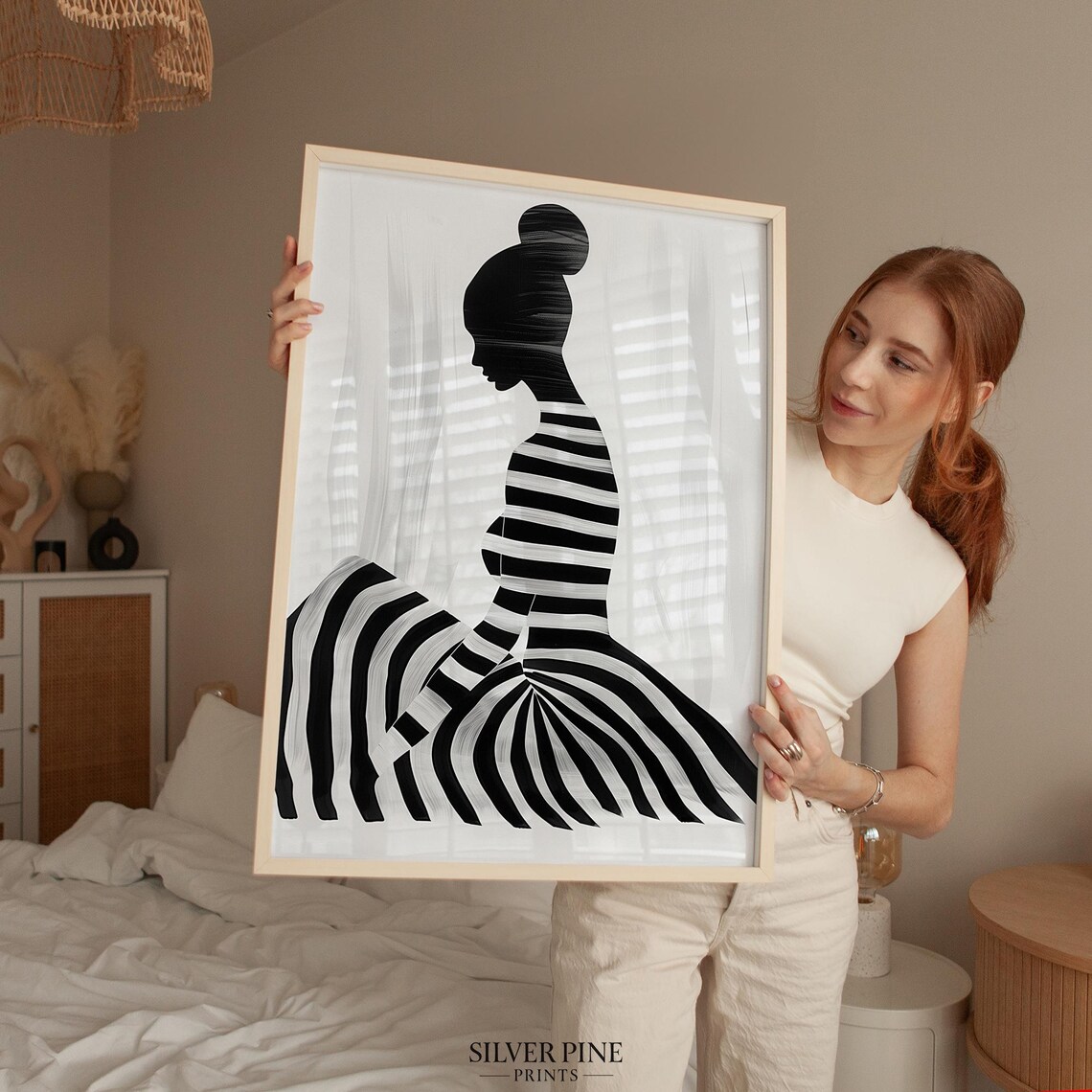 Seated Woman Profile with Topknot Radiating Striped Skirt Poster - Image 5