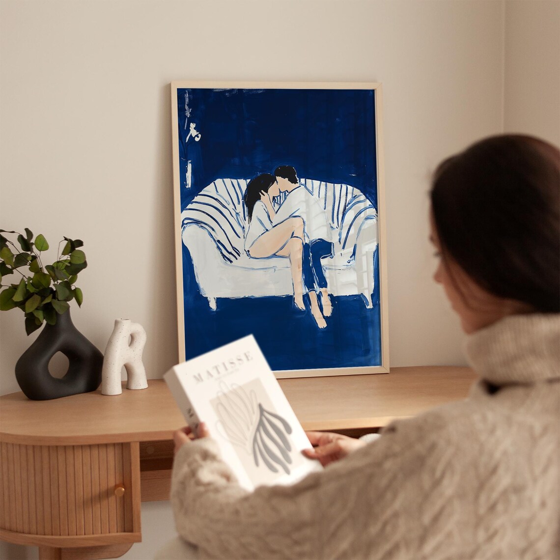 Romantic Couple Kissing on Striped Couch Midnight Blue Art Print - Image 4