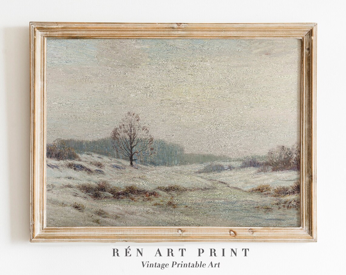 Muted Winter Meadow with Lone Tree Vintage Landscape Oil Poster