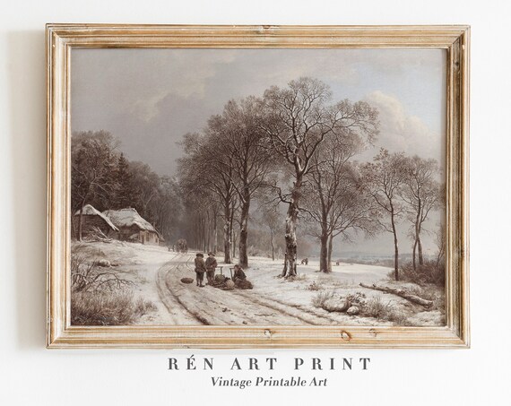 Antique Winter Woodcutters on Snowy Village Road Landscape Art Poster