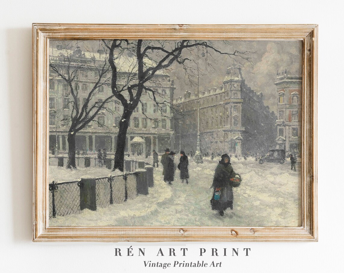 Antique Winter City Square with Grand Buildings Snow Scene Poster