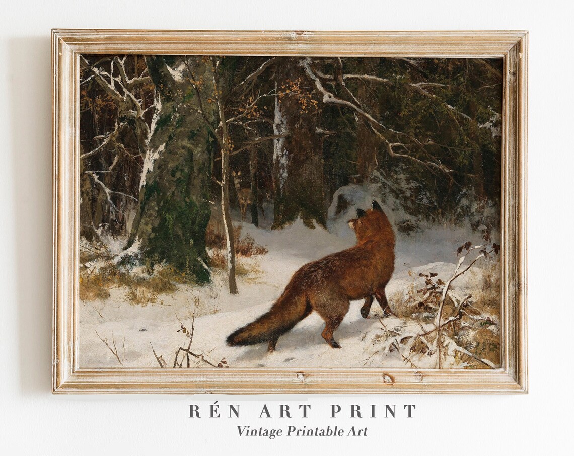 Vintage Winter Landscape with Fox, Christmas Art Print