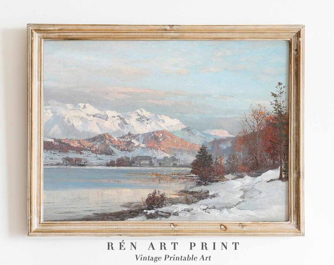 Alpine Mountain Lake Snowy Peaks Village Winter Landscape Vintage Oil Poster