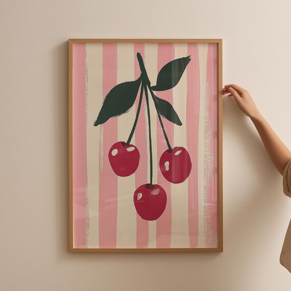 Cherry Fruit Art Print Striped Summer Wall Decor Minimalist Coquette Dorm Room Apartment Poster Kids Nursery
