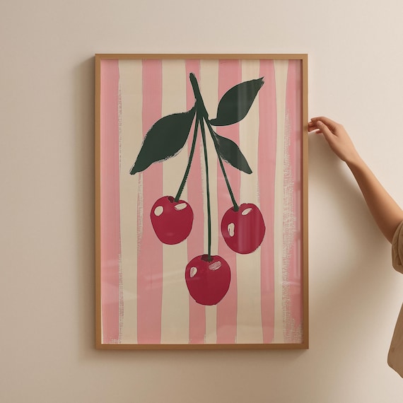 Red Cherries Striped Summer Fruit Kitchen Retro Style Art Poster