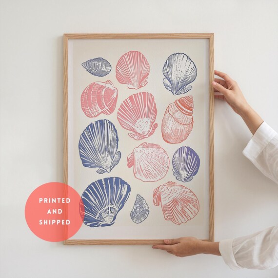 Seashell Summer Print Boho Surfer Decor Beach Cottage Poster Wall Art Mid Century Dorm Apartment Minimalist Framed Physical