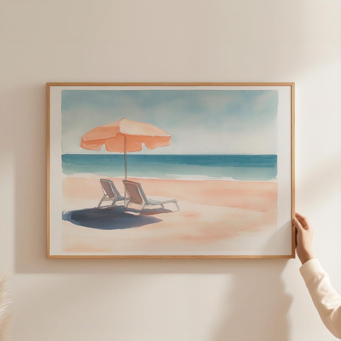 Beach Umbrella Two Lounge Chairs Watercolor Coastal Summer Wall Poster