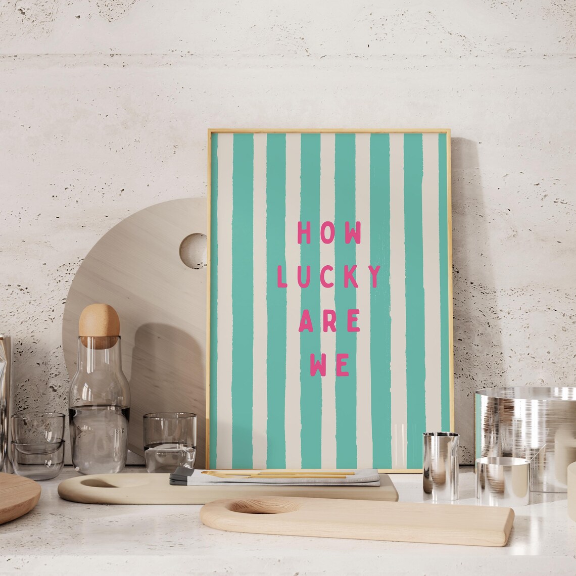 How Lucky Are We Pink Quote Green Watercolor Striped Preppy Wall Poster - Image 2