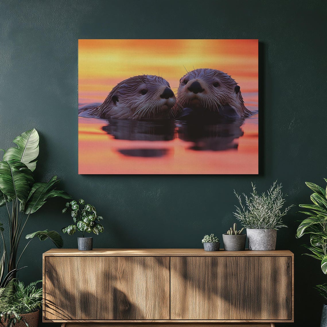 Sea Otters Floating at Sunset Reflective Water Wildlife Poster