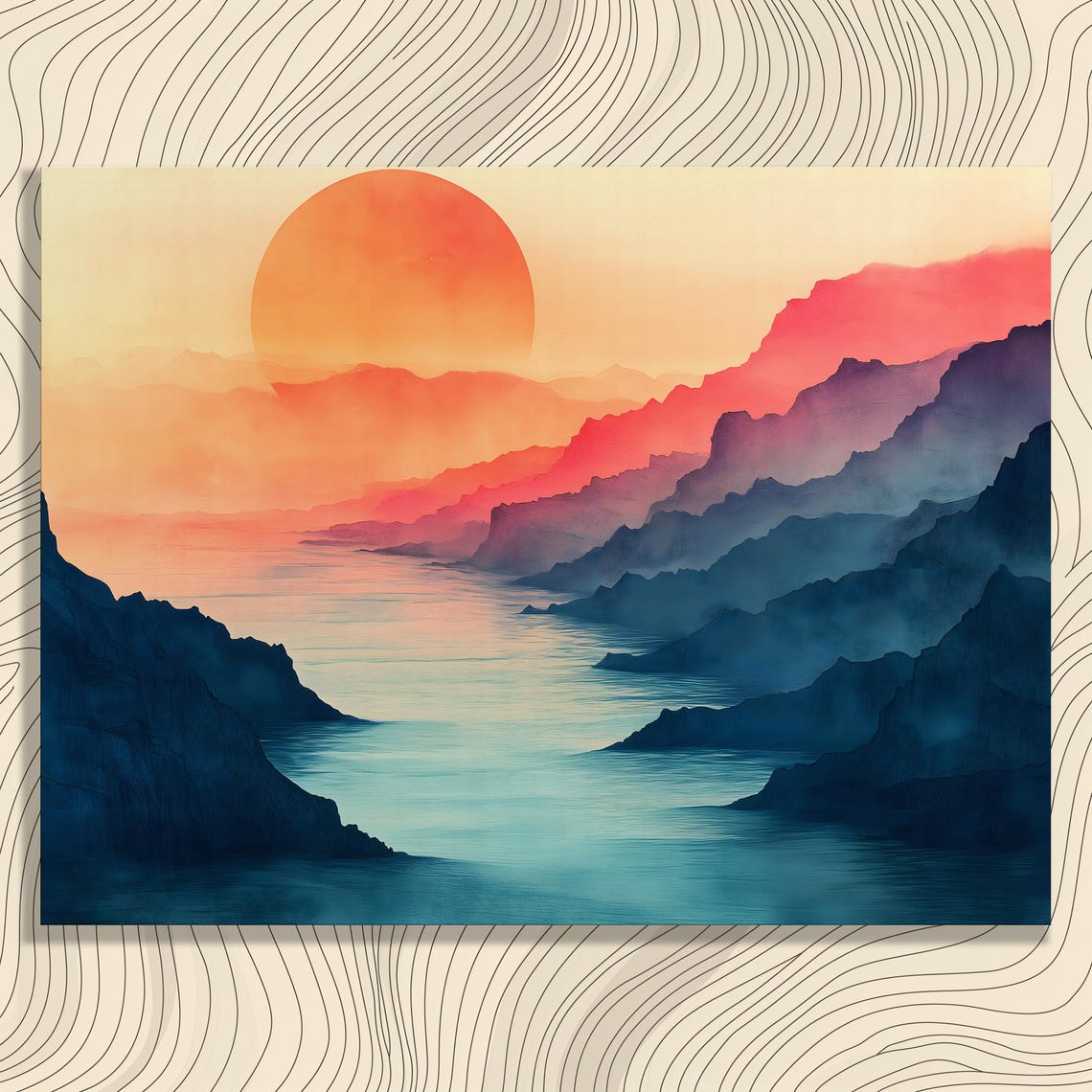 Sunset Mountain Inlet Watercolor Painting Golden Ocean Cliffs Poster