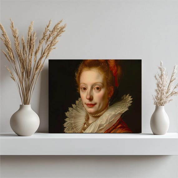 Renaissance Noblewoman Portrait Canvas Wall Art Regal Ruff Collar With Pearls And Orange Gown Royal Lady Painting For Elegant Home Decor