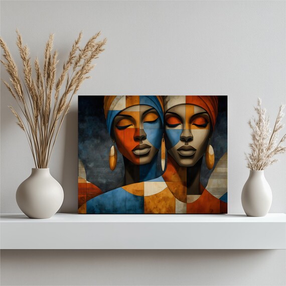 Cubist Abstract Portrait of Two Women in Orange and Blue Art Print