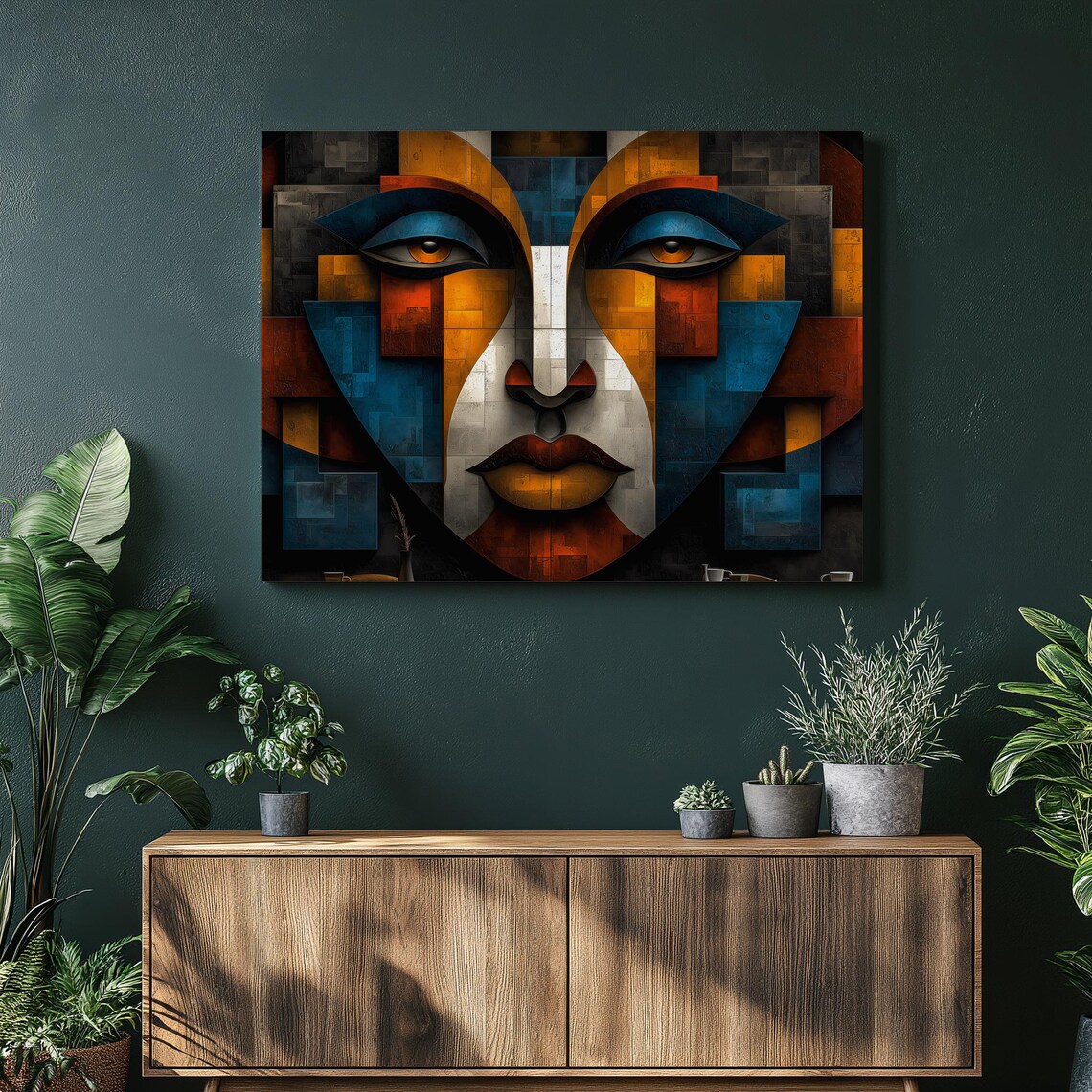Colorful Cubist Mosaic Face Abstract Art Poster With Geometric Tiles