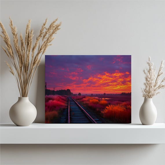 Sunset Railroad Tracks Canvas Wall Art Colorful Landscape Vibrant Sky Nature Railway Track Field Meadow Clouds Horizon Decor