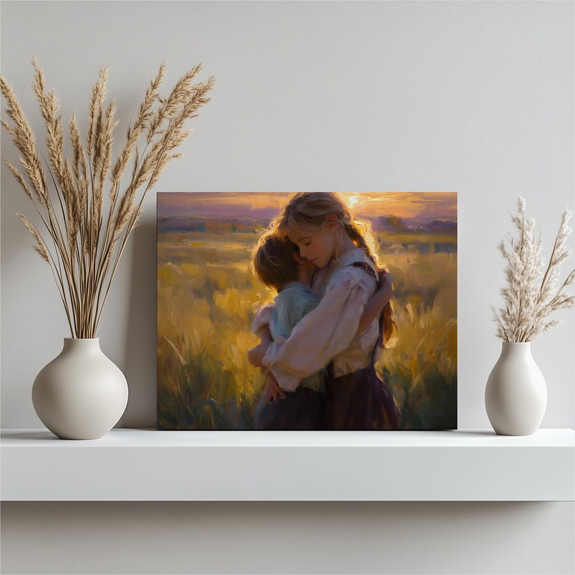 Mother And Child Canvas Wall Art Tender Embrace At Sunset In A Golden Field Romantic Pastoral Painting For Family Love Home Decor Gift