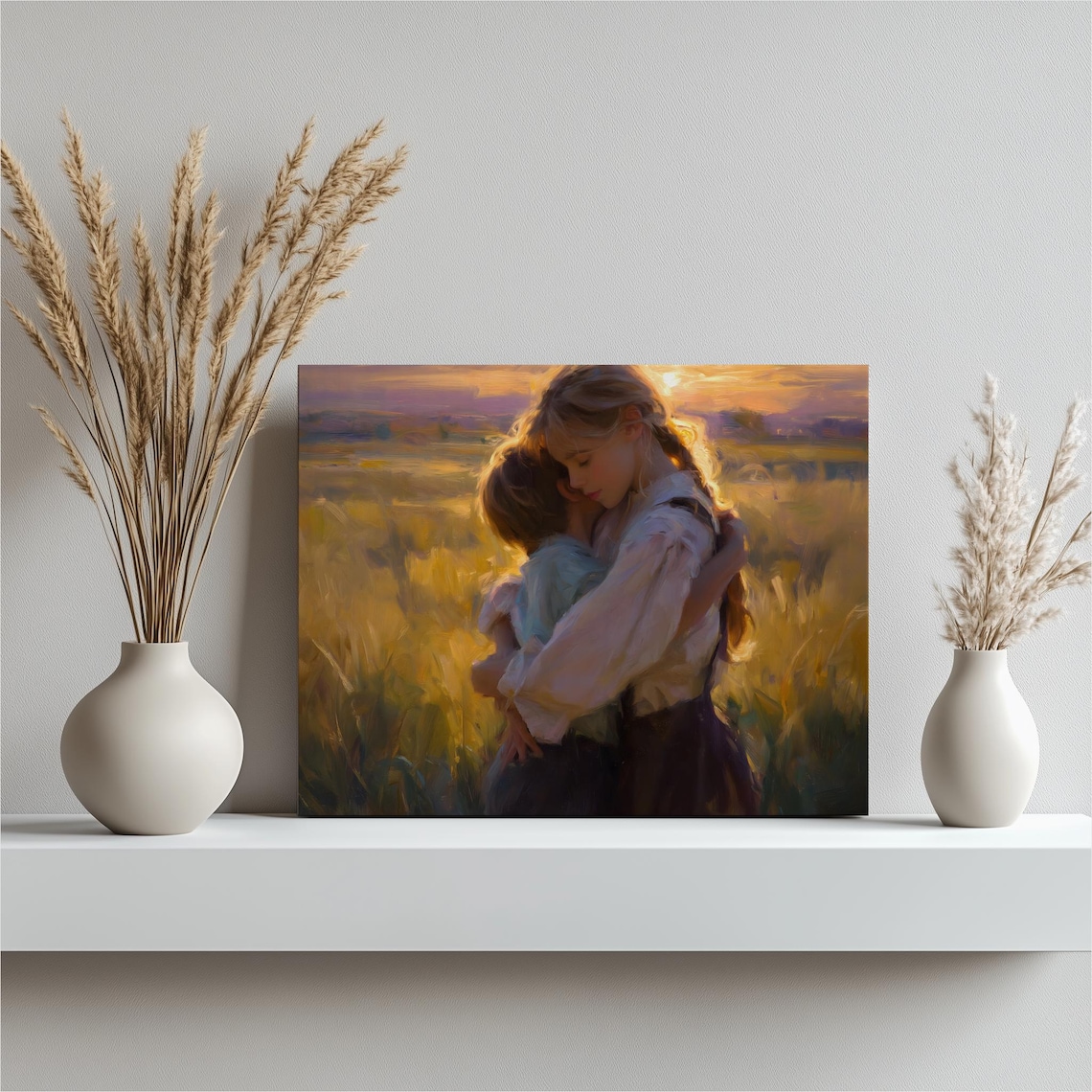 Mother And Child Tender Sunset Embrace Golden Field Painting Poster