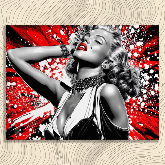 Retro Pop Portrait Canvas Wall Art Glam Beauty Illustration Red Lips Print Black White Comic Book Style Curly Hair Decor Female