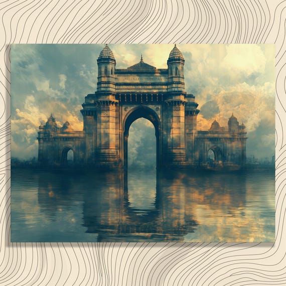 Surreal Monument Reflection Canvas Wall Art Abstract Architecture Fantasy Landscape Dramatic Clouds Sky Double Exposure Decor Print