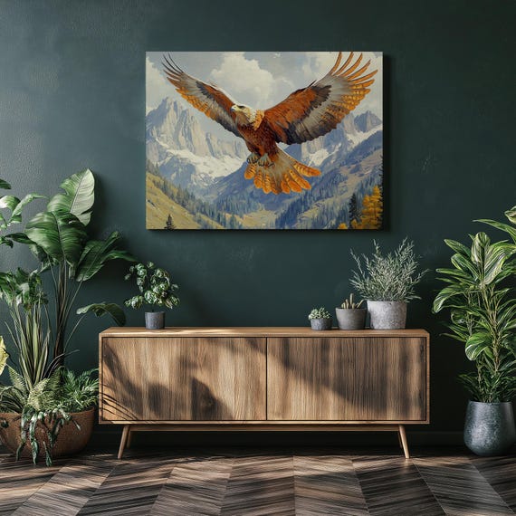 Golden Eagle Canvas Wall Art Mountain Flight Print Majestic Bird Poster Nature Decor Free Spirit Hanging Illustration Unique Wallart