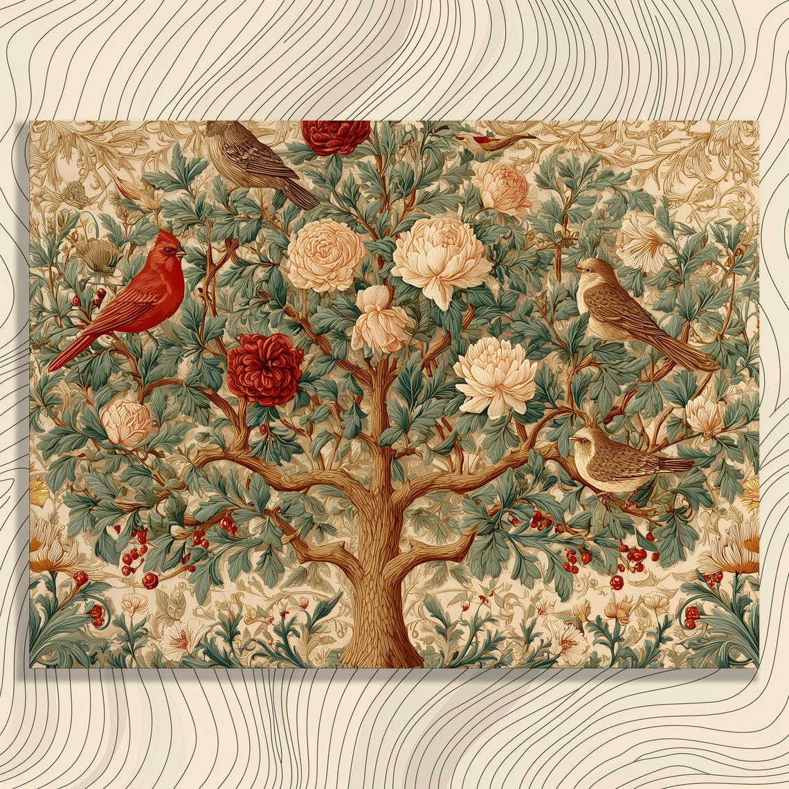 Vintage Blossom Tree Cardinal Birds Botanical Floral Wall Art