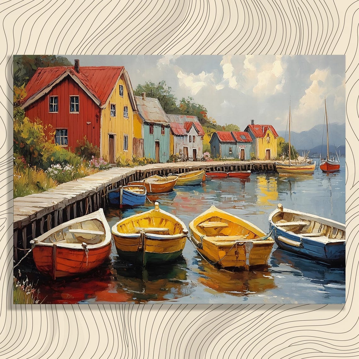 Colorful Boat Harbor Fishing Village Impressionist Coastal Art Poster