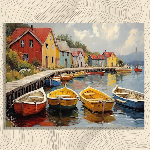 Colorful Boat Harbor Fishing Village Impressionist Coastal Art Poster